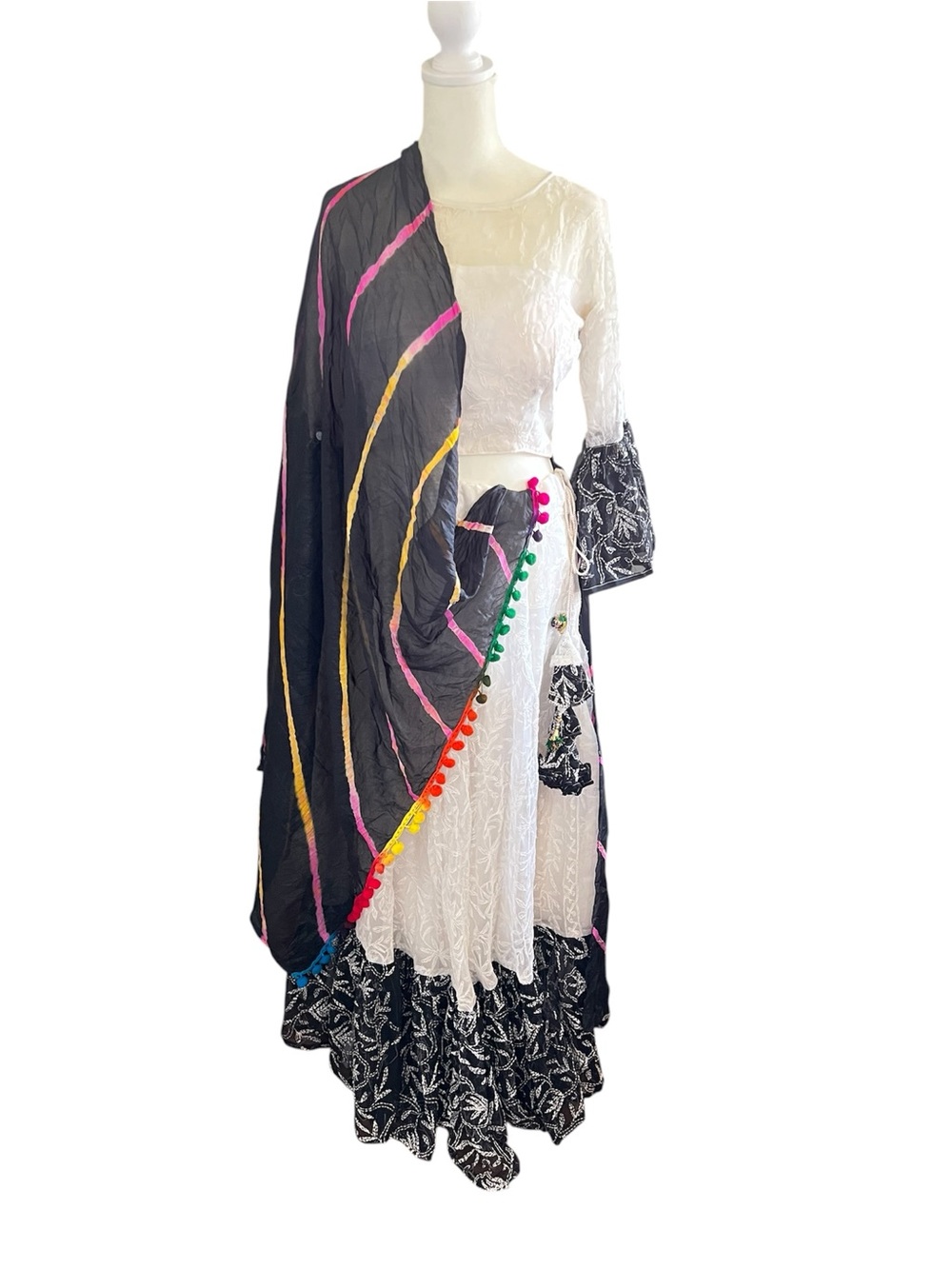 Embroidered White & Black Ethnic Dress with Multicolor Scarf